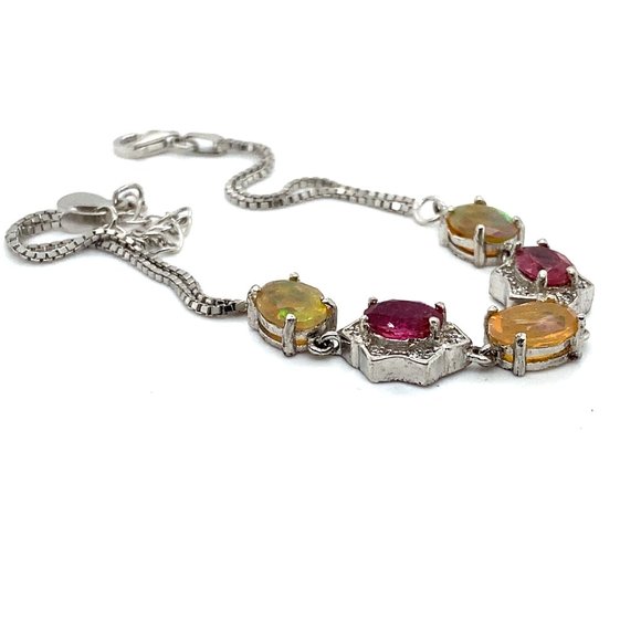 Opal 3.20ct Tourmaline 2.50ct Platinum Finish Solid 925 Sterling Silver Bracelet - Picture 4 of 7